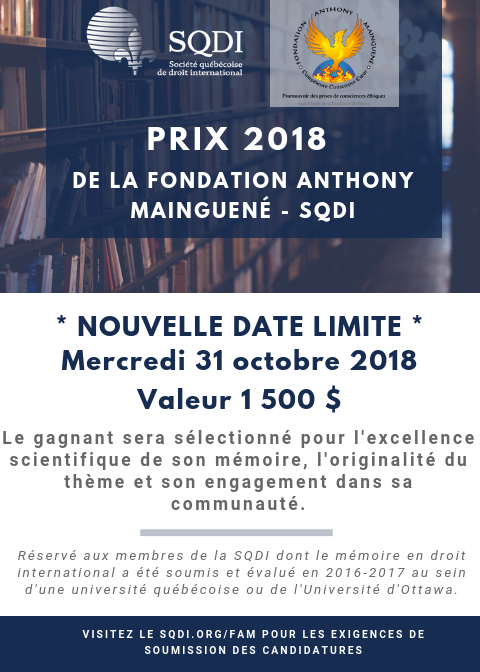 Prix 2018 de la Fondation Anthony Mainguené – Nouvelle date limite